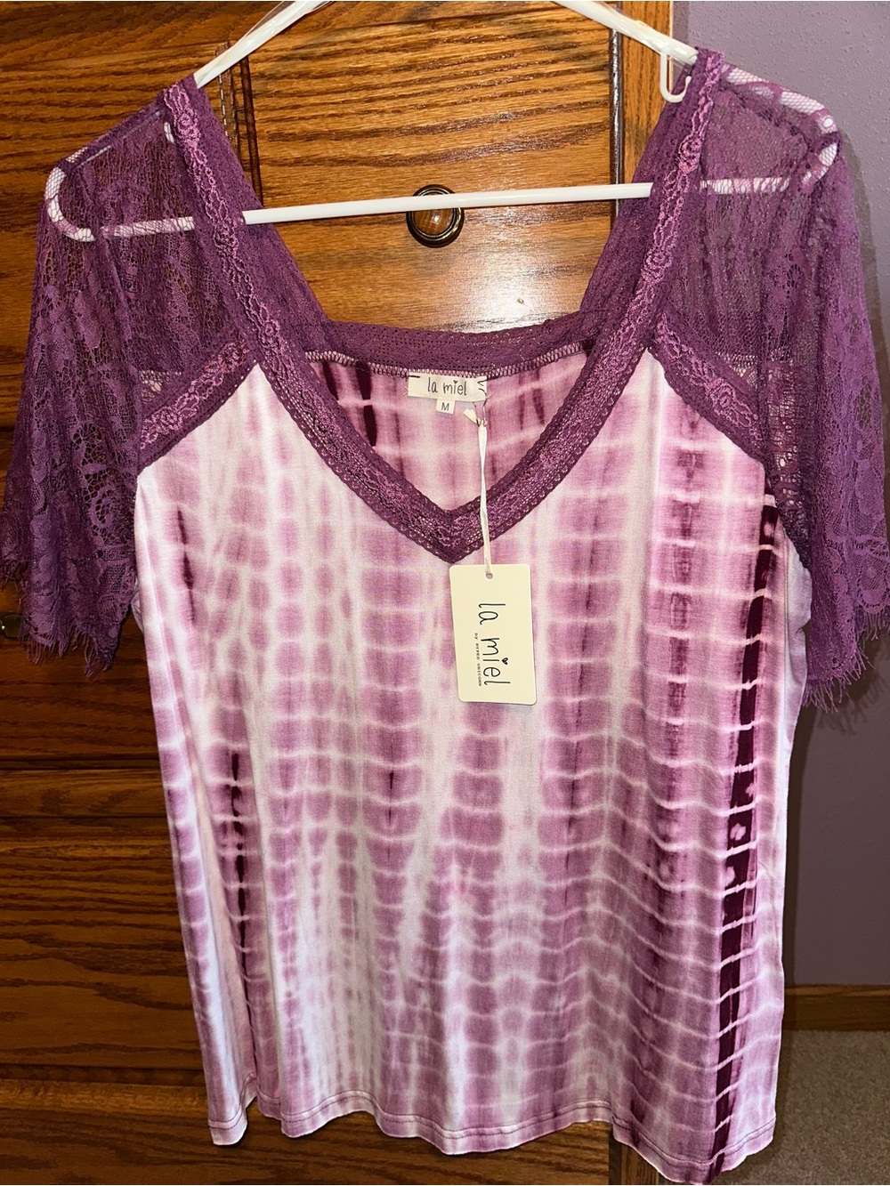 NWT La Miel Purple Tie-Dye Lace Sleeve Top-Sz M